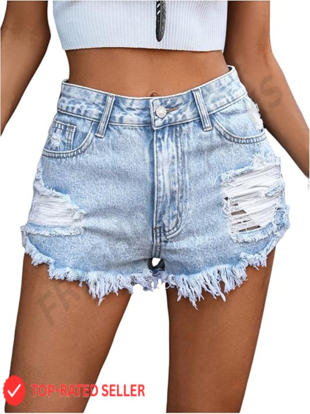Ripped High-Waist Denim Shorts - Light Blue